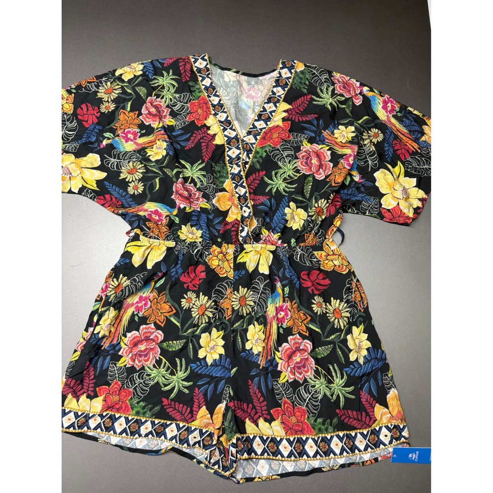 Cupshe Womens XXL Floral Romper Black V-Neck Belted Romper bohemian beach
